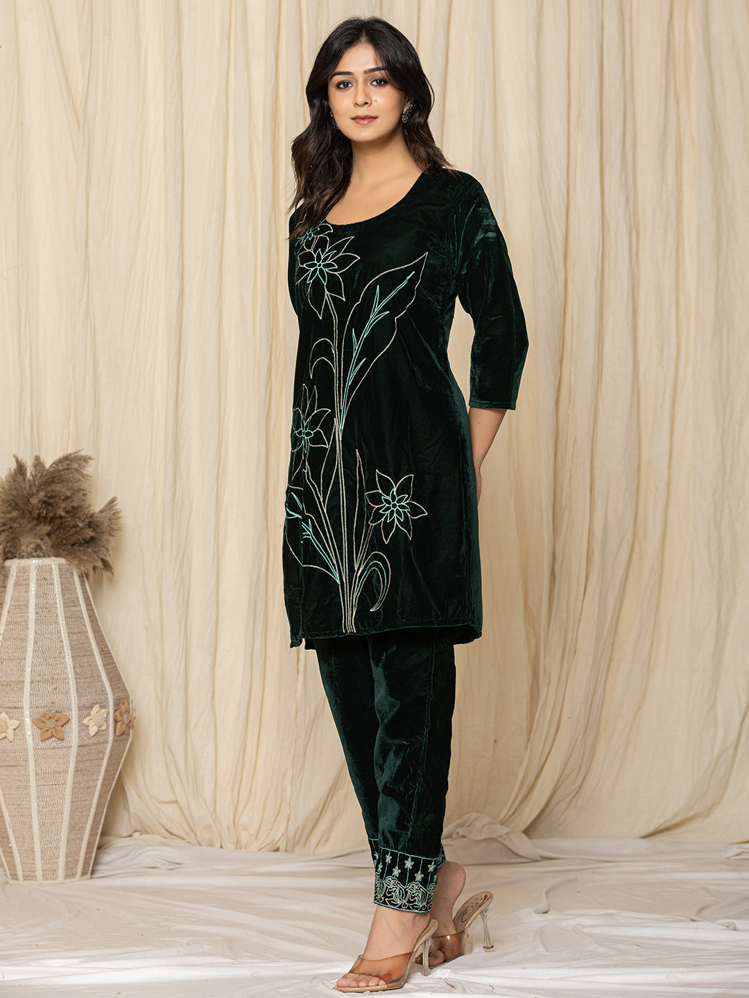 Bottle Green Velvet Floral Embroidered Kurta with Straight Pants