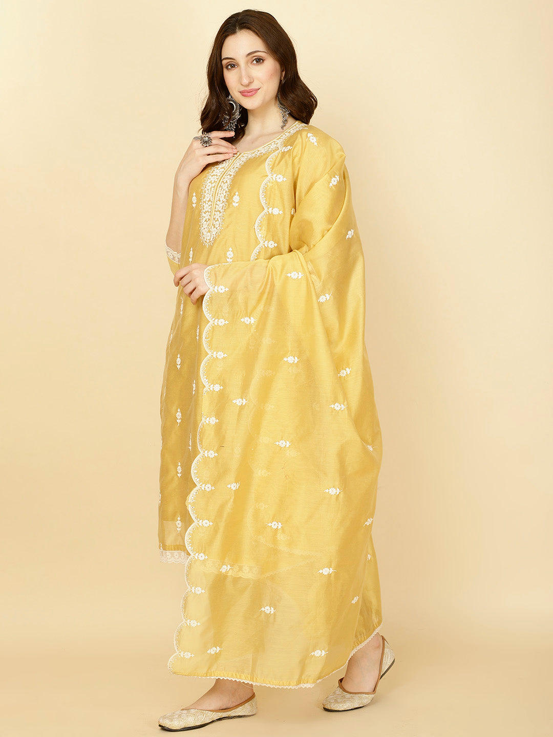 Floral Embroidery Chanderi Kurta With Pants & Dupatta