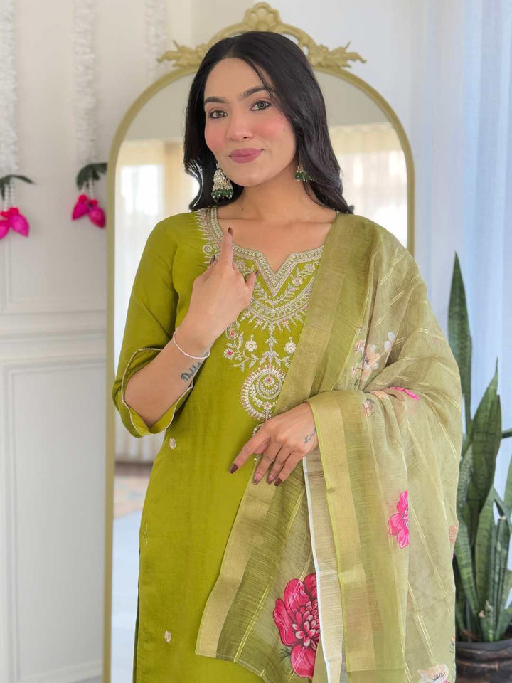 Printed Embroidery Cotton Blend Kurta With Pants &amp; Dupatta