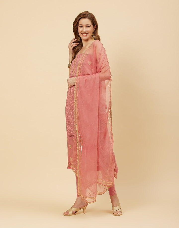 Embroidered Chanderi Suit Piece With Chiffon Dupatta