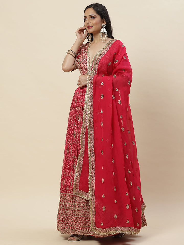 Zari Booti Embroidered Georgette Choli With Lehenga &amp; Dupatta