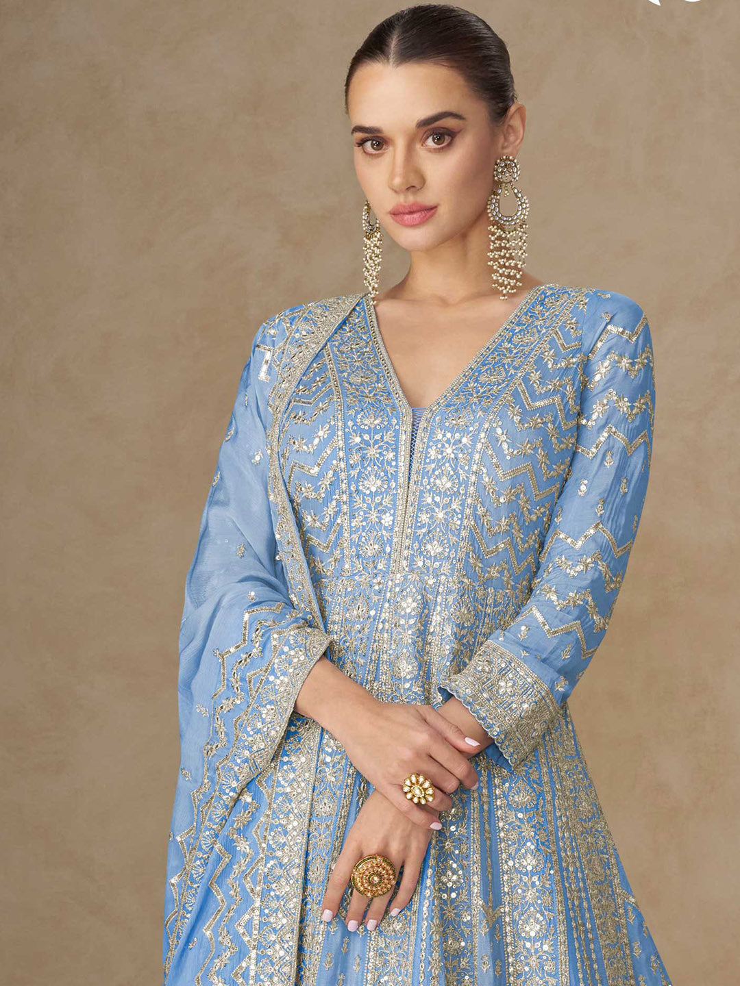 Embroidered Chinon Suit With Pant &amp; Dupatta