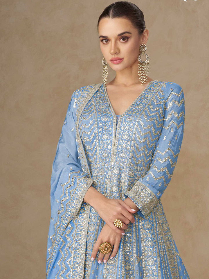 Embroidered Chinon Suit With Pant &amp; Dupatta
