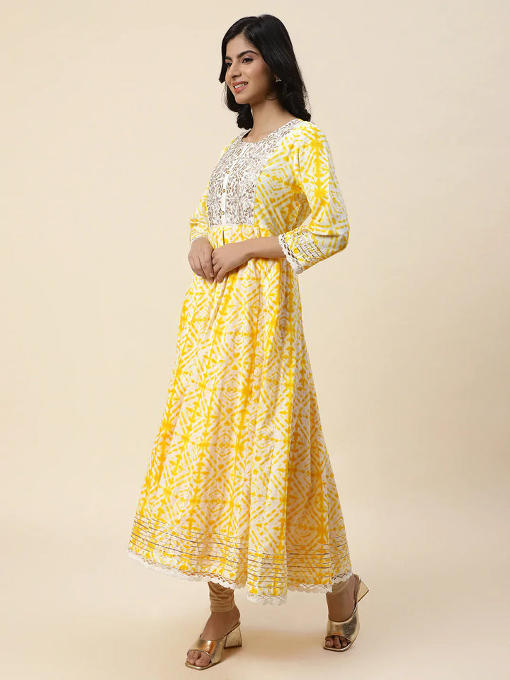 Printed &amp; Yoke Embroidered Cotton Anarkali Kurta