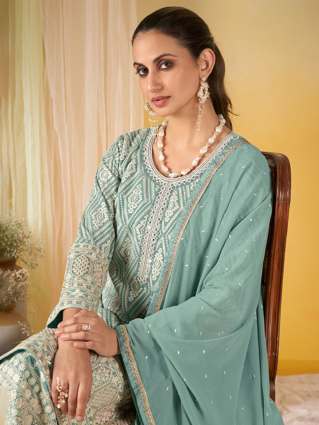 Embroidered Geogrette Kurta With Plazzo &amp; Dupatta