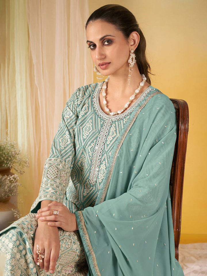 Embroidered Geogrette Kurta With Plazzo &amp; Dupatta
