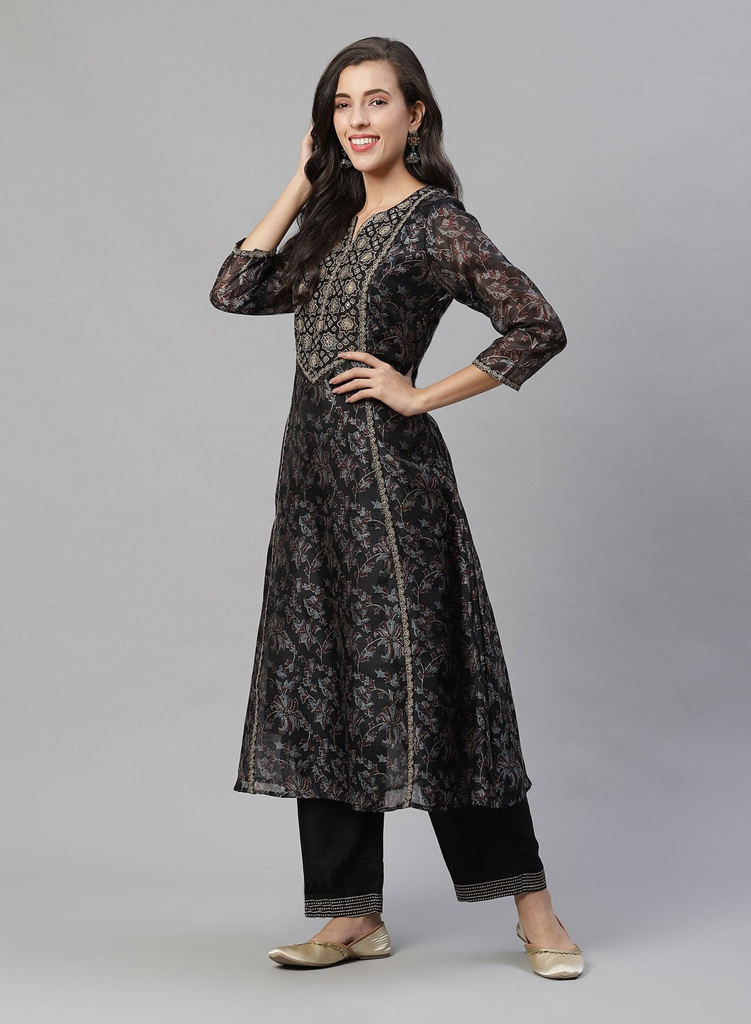 Printed Chanderi Anarkali Kurti With Pant