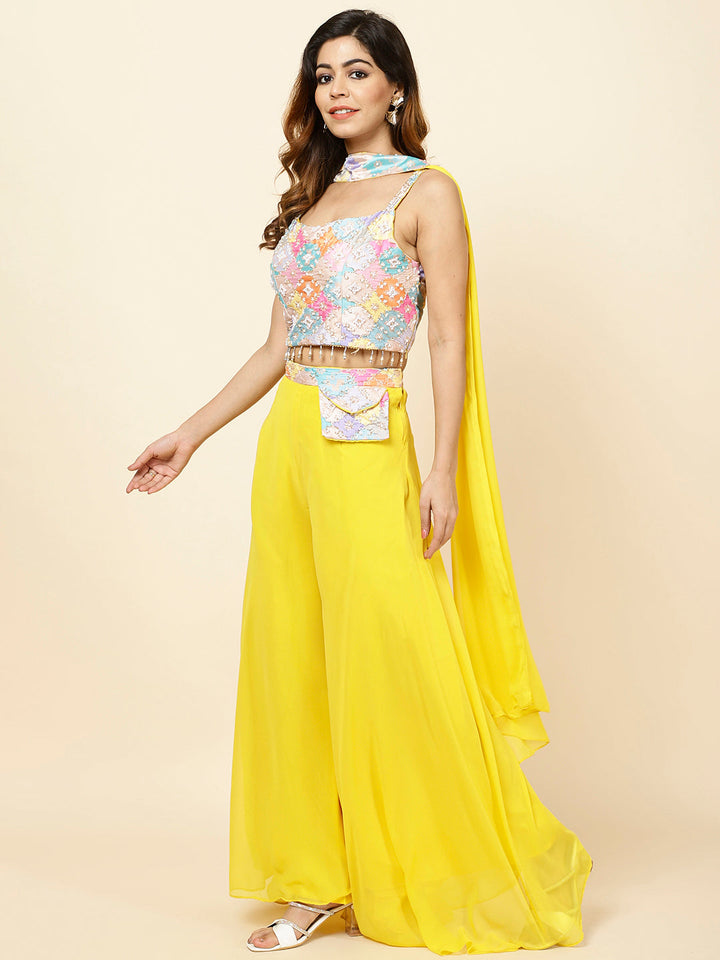 Neck Embroidered Georgette Crop Top With Palazzo &amp; Dupatta
