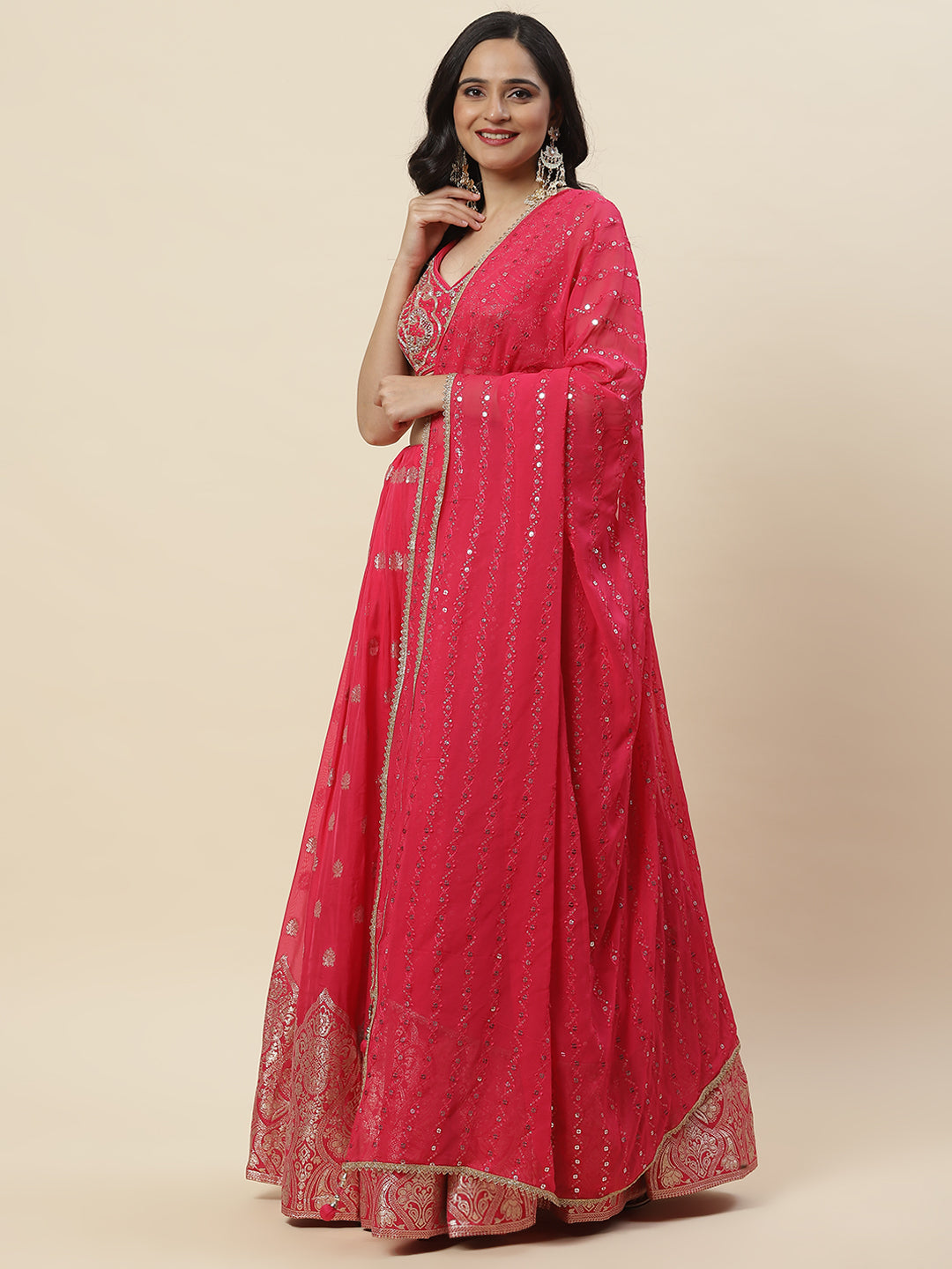 Zari Booti Embroidered Organza Choli With Lehenga &amp; Dupatta