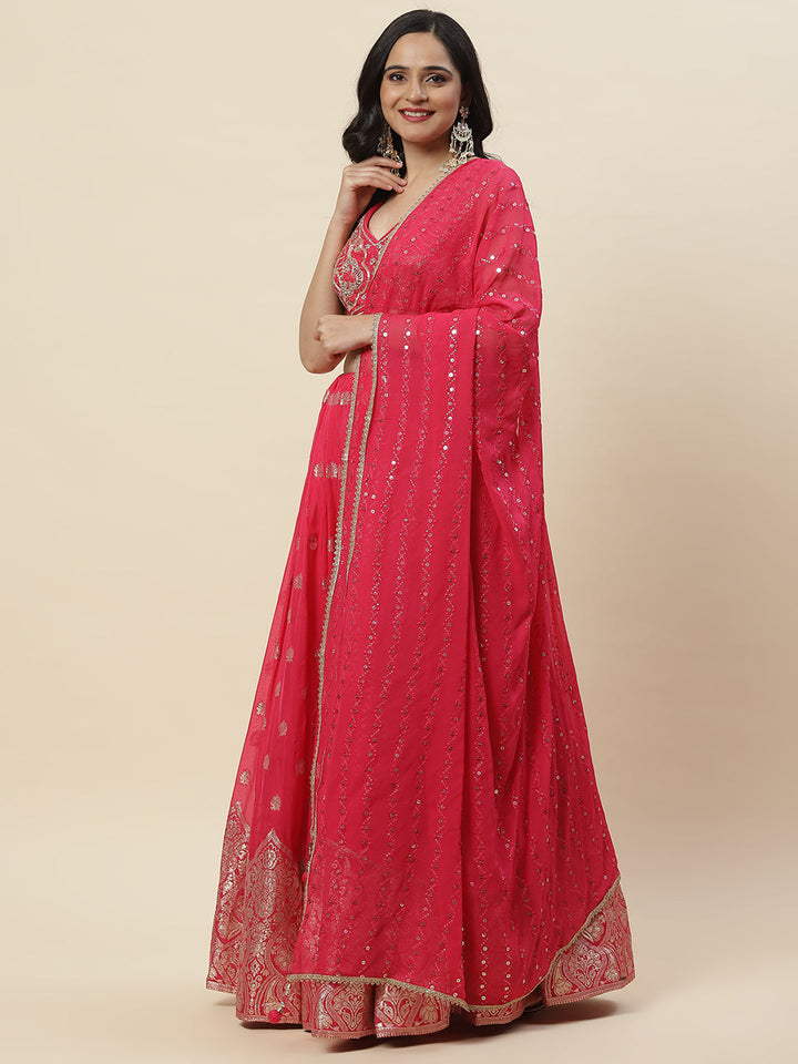 Zari Booti Embroidered Organza Choli With Lehenga &amp; Dupatta