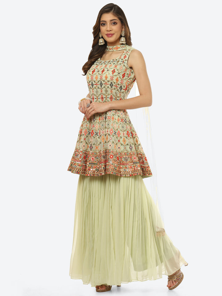 Resham Sequin Embroidered Georgette kurti With Garara &amp; Dupatta