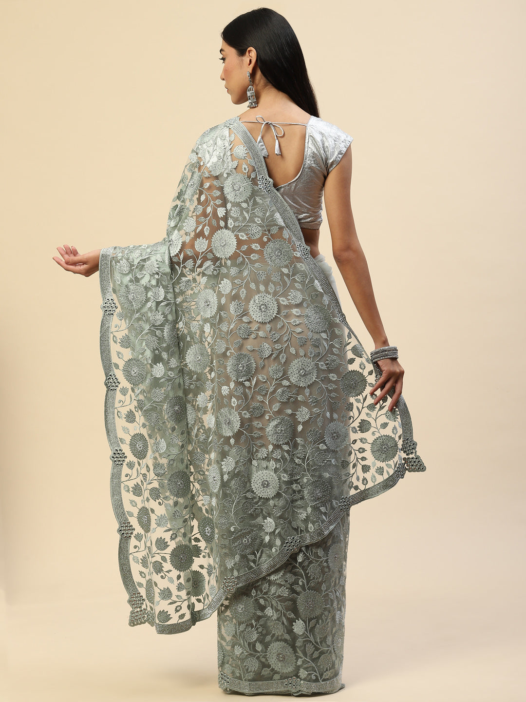Floral Embroidered Net Saree