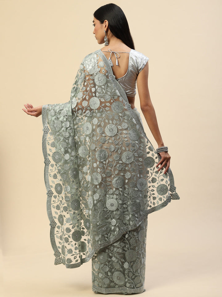Floral Embroidered Net Saree