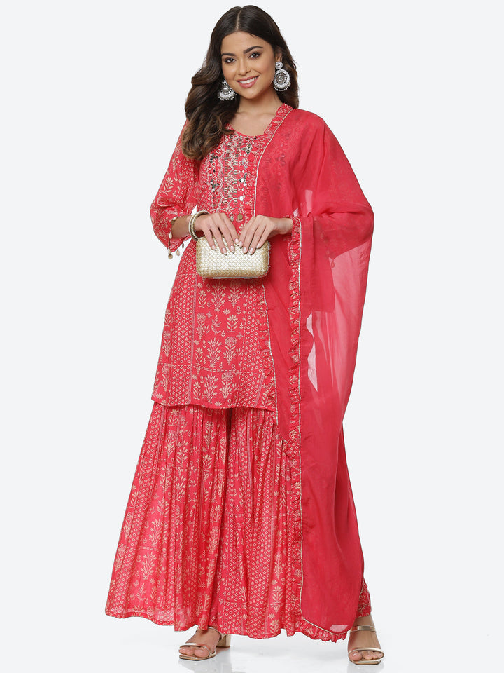 Gota Neck Booti Cotton Kurta With Garara &amp; Dupatta