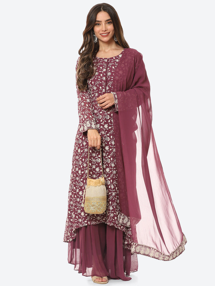 Resham Jaal Georgette Kurta With Palazzo &amp; Dupatta