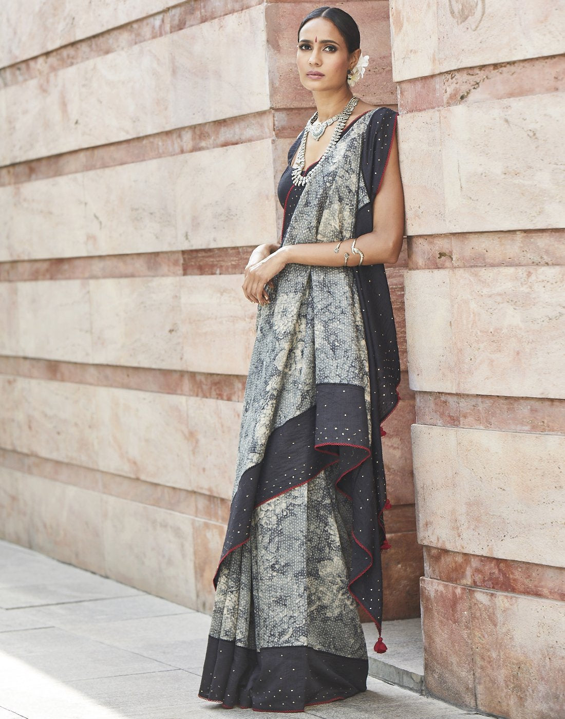 MBZ Meena Bazaar-Grey Black Tusser Printed Saree