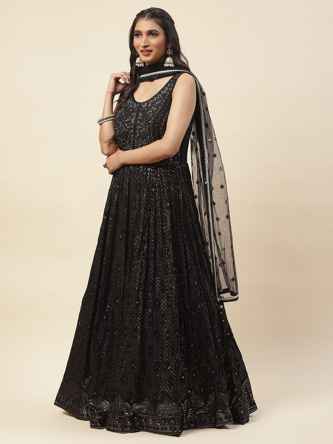 Sequence Embroidered Georgette Anarkali Kurta With Pants &amp; Dupatta