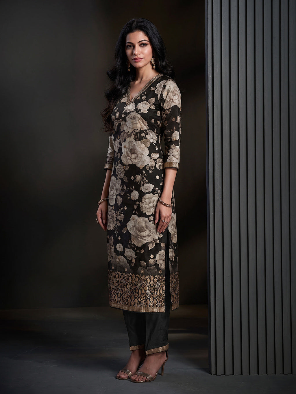 Black Printed Art Silk Kurta With Pant & Dupatta
