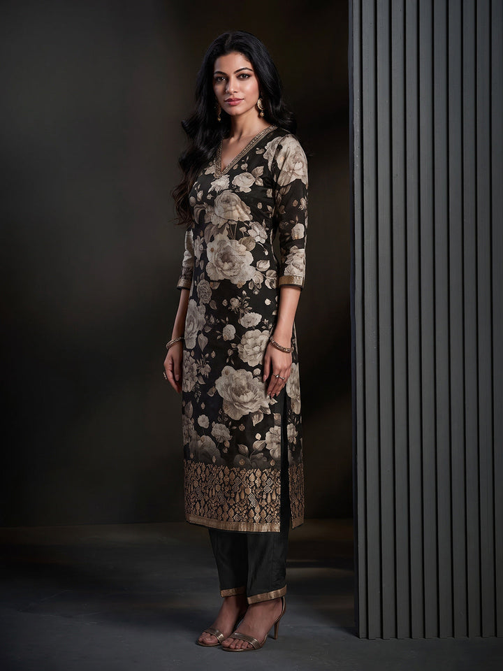 Black Printed Art Silk Kurta With Pant &amp; Dupatta