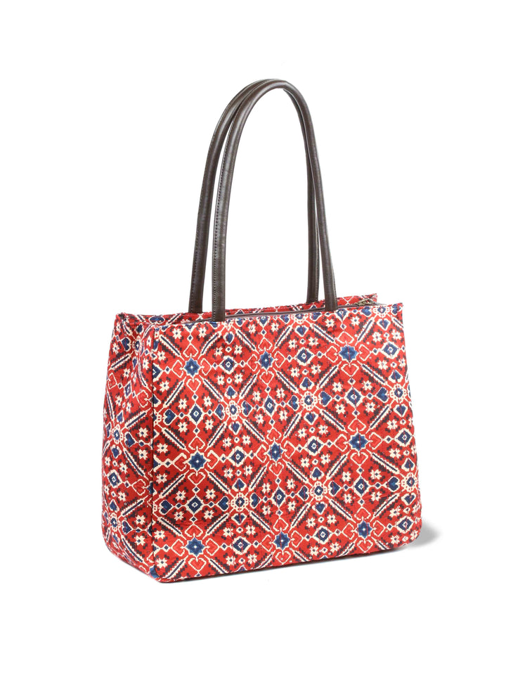 Maroon &amp; Navy Blue Printed Cotton Handbag With Pouch