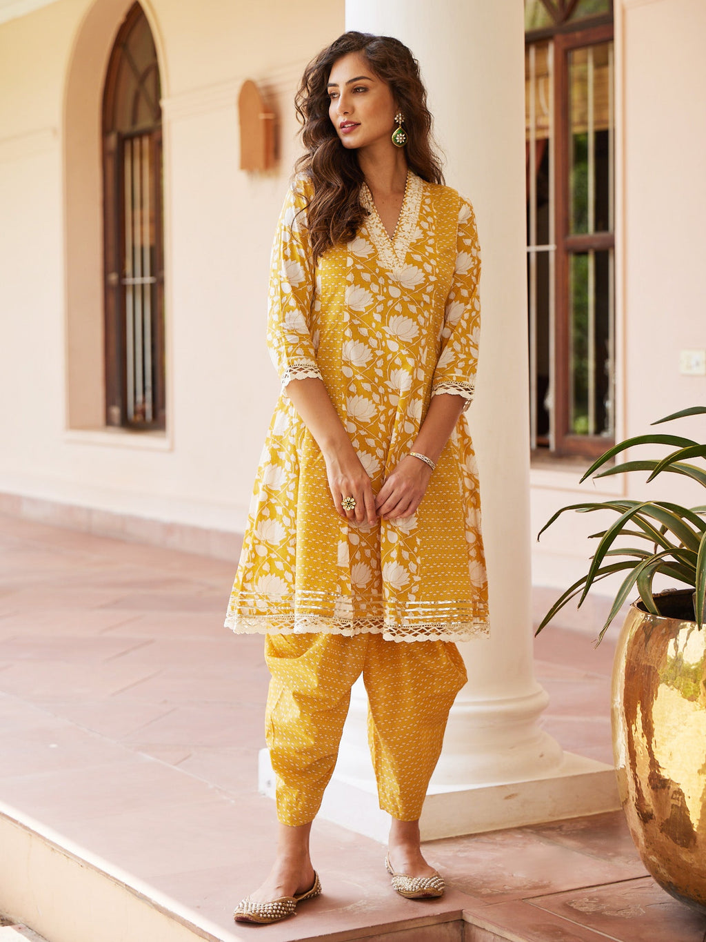 Floral Resham Printed Cotton Kurti With Dhoti