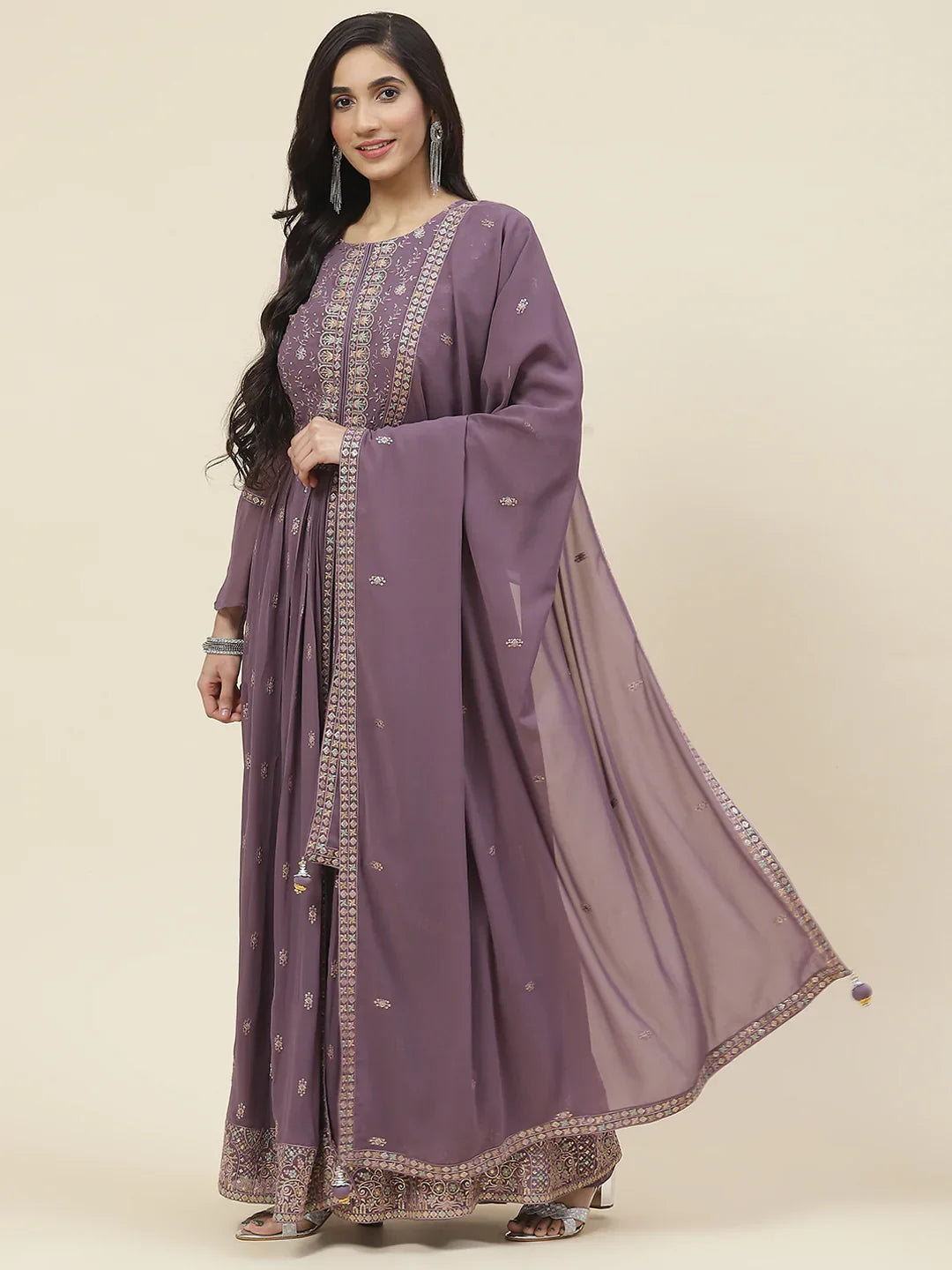 Sequin Embroidered Georgette Kurta With Palazzo &amp; Dupatta