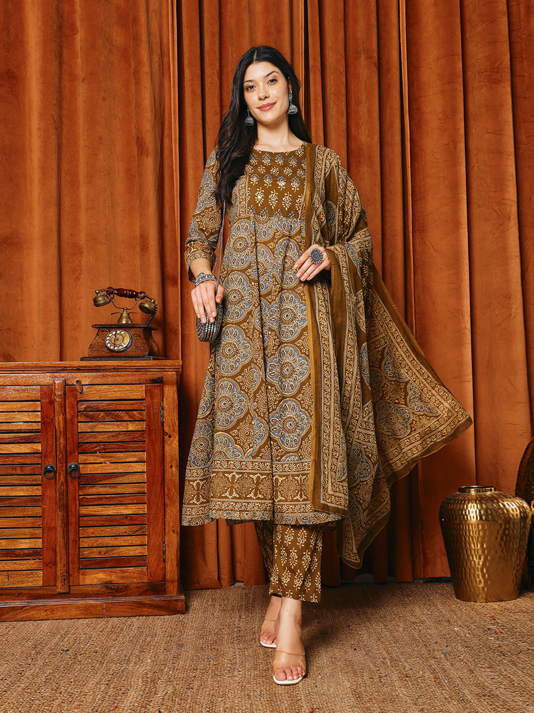 Printed Cotton Blend Kurta With Pants &amp; Dupatta
