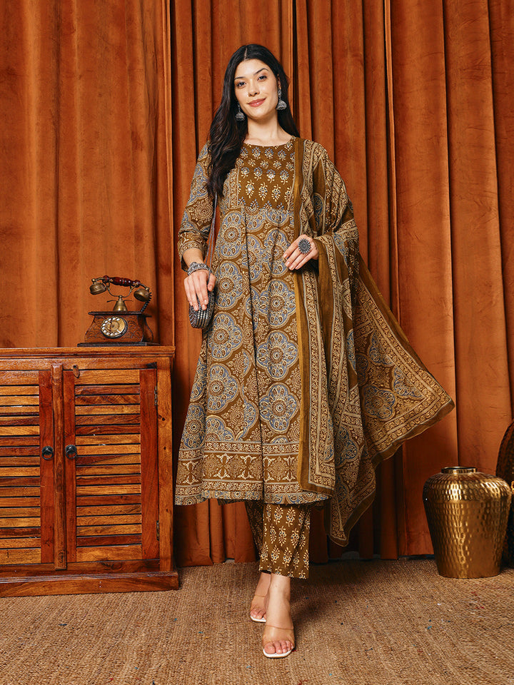 Printed Cotton Blend Kurta With Pants &amp; Dupatta