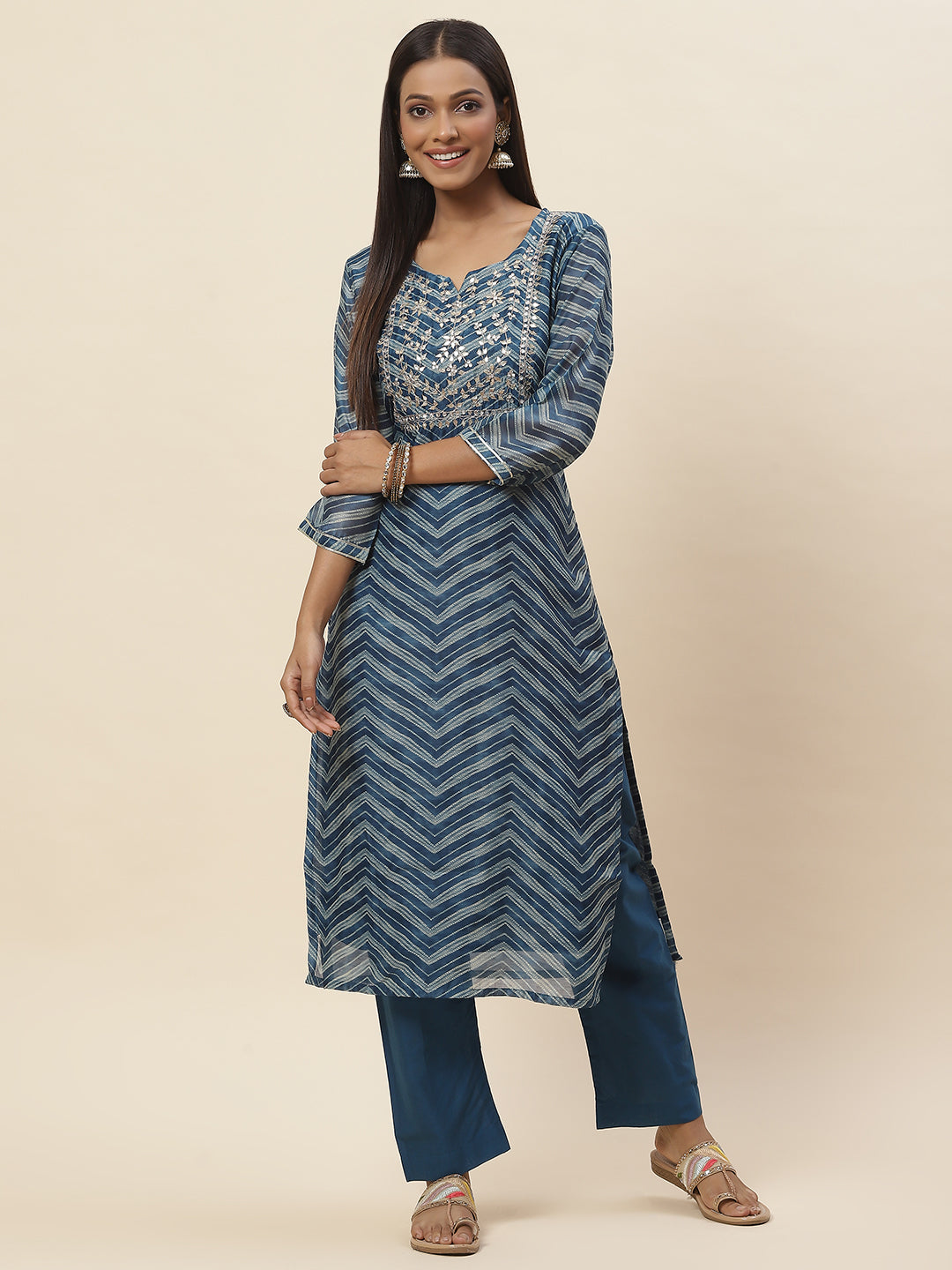 Printed Printed Chanderi Kurta With Pants