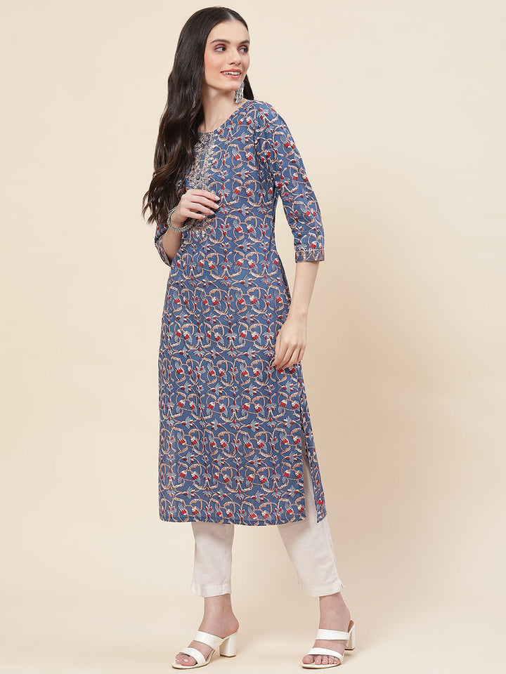 Printed &amp; Neck Embroidered Cotton Kurta