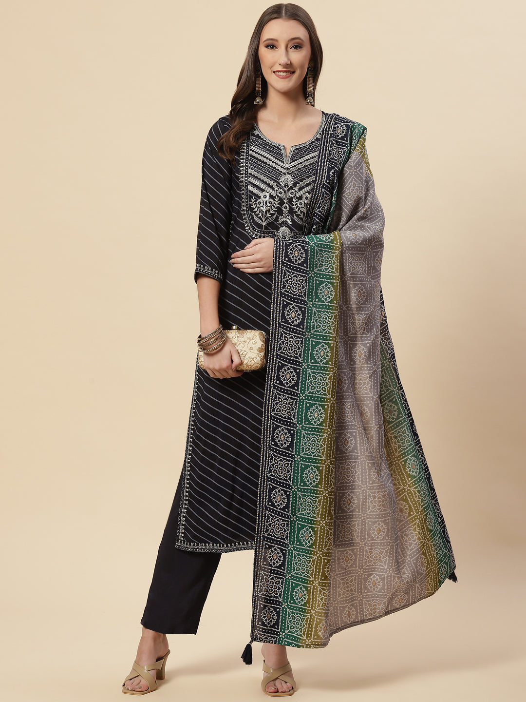 Printed Cotton Kurta With Pants &amp; Dupatta