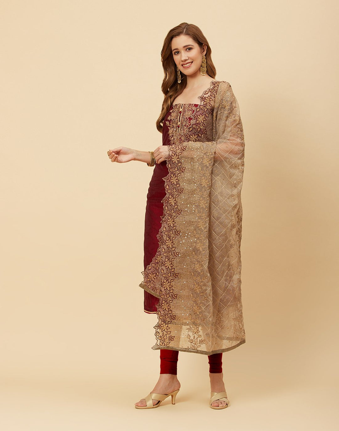 Embroidered Chanderi Suit Piece With Organza Dupatta