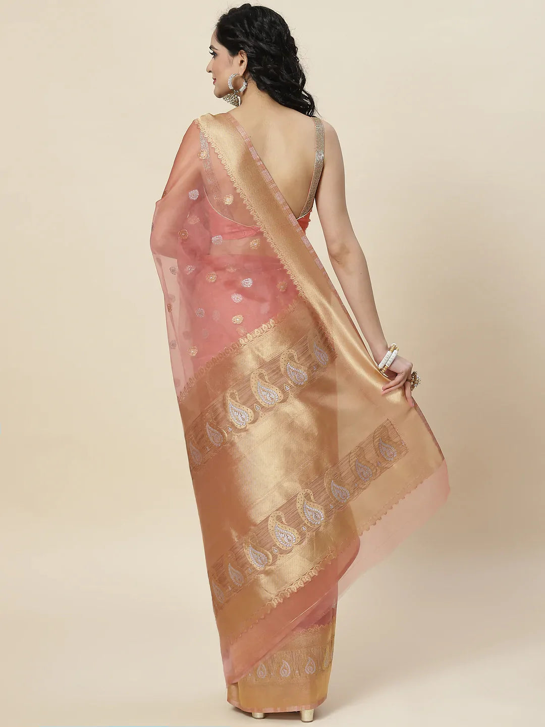 Zari Border Booti Organza Woven Saree
