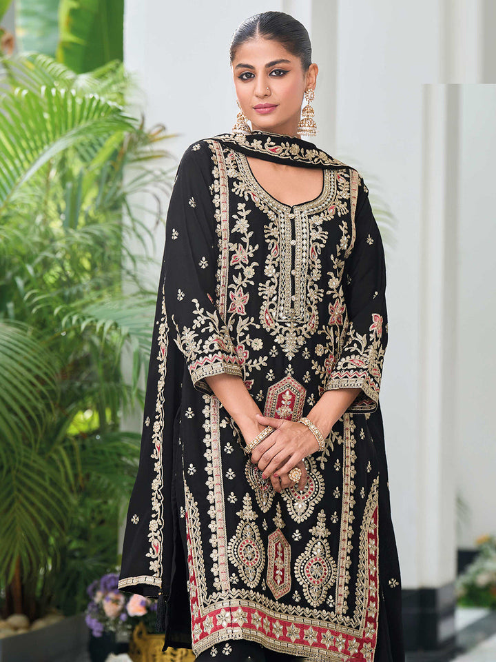 Embroidered Chinon Kurta With Plazzo &amp; Dupatta