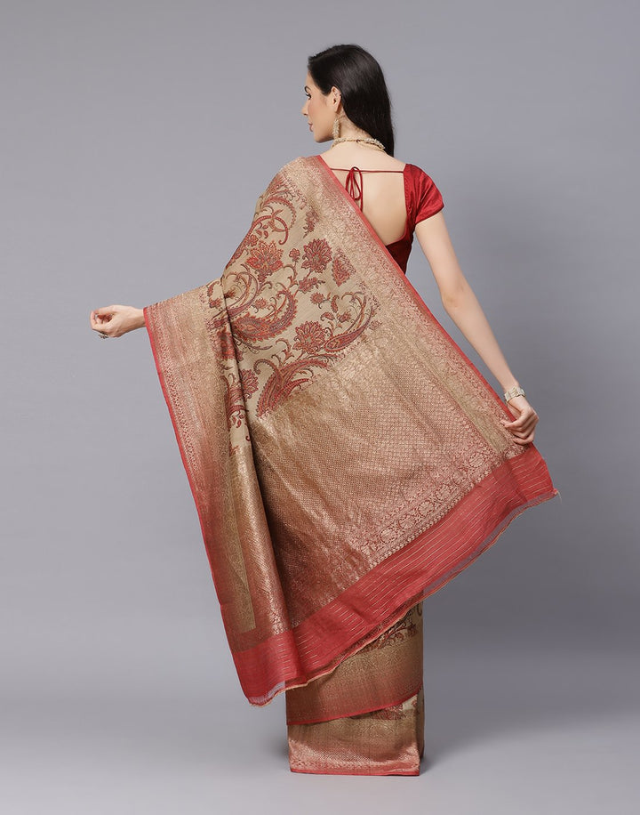 Printed Tussar Saree With Antique Zari Border