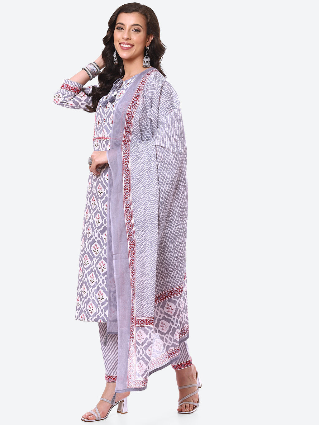Floral Booti Printed Cotton Kurta With Pant & Dupatta