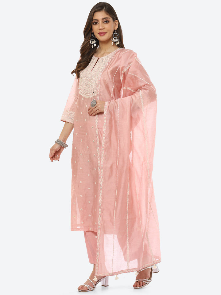 Resham Neck Booti Cotton Kurta With Pant &amp; Dupatta