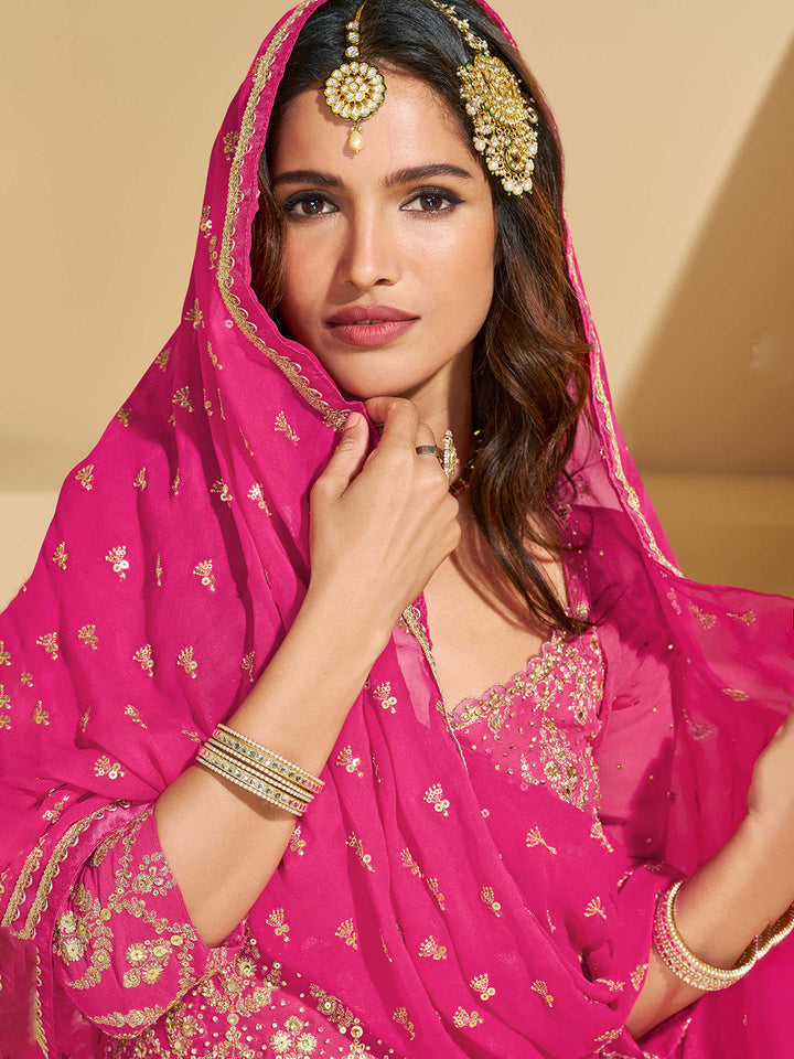 Embroidered Georgette Kurti With Skirt &amp; Dupatta