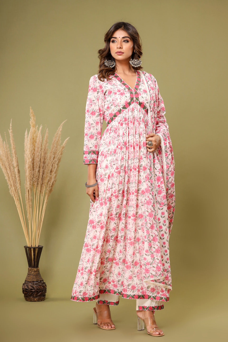 Floral Printed Cotton Kurta With Pants &amp; Dupatta
