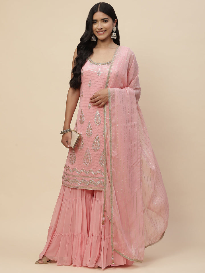 Sequin Embroidered Georgette Kurta With Sharara &amp; Dupatta