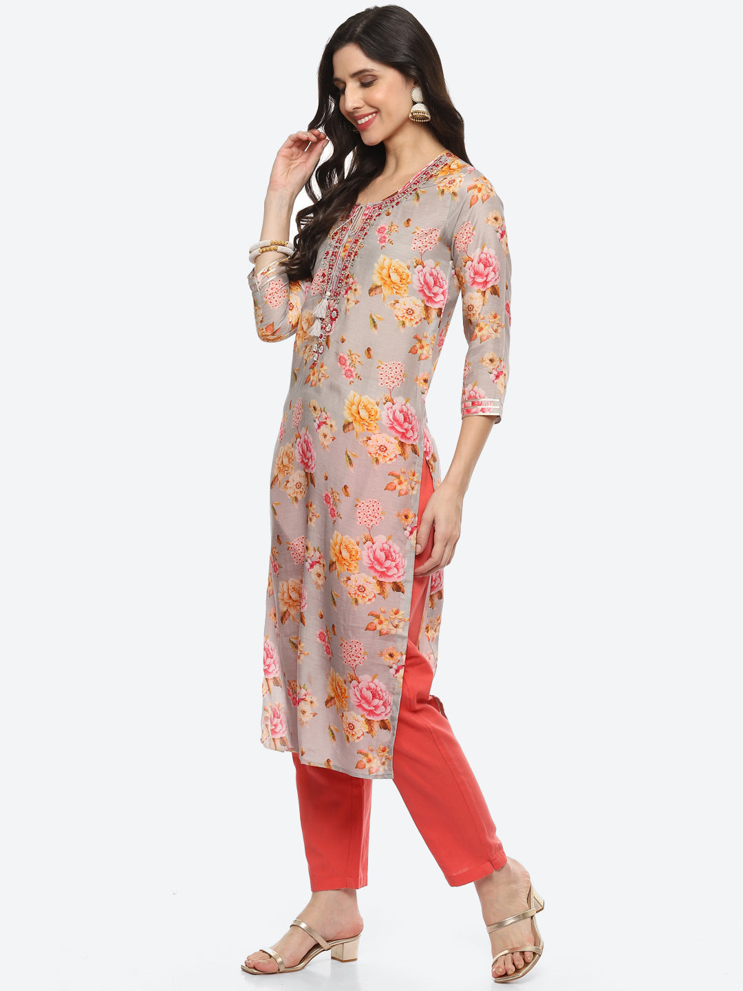 Sequin Work Yoke Printed Muslin Kurta