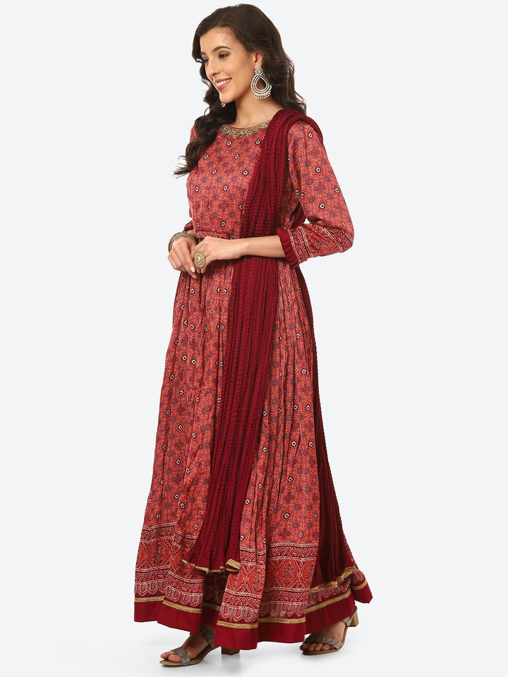 Printed Satin Anarkali Kurta With Churidar With Dupatta