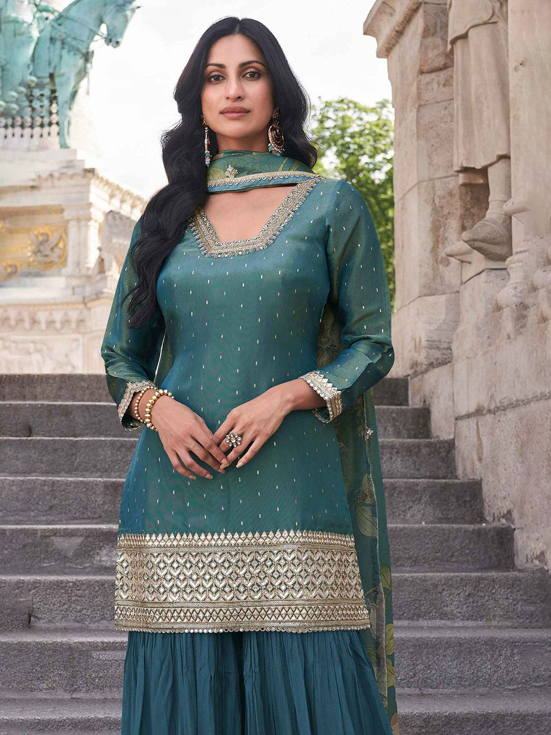 Embroidered Shimmer Kurti With Plazzo &amp; Dupatta