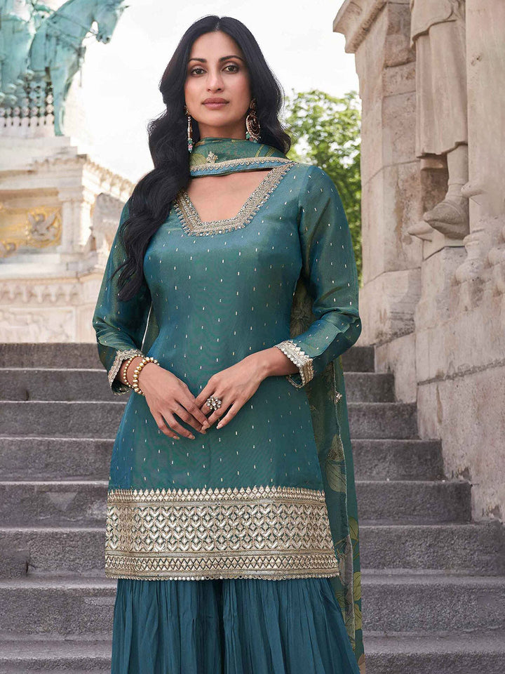 Embroidered Shimmer Kurti With Plazzo &amp; Dupatta