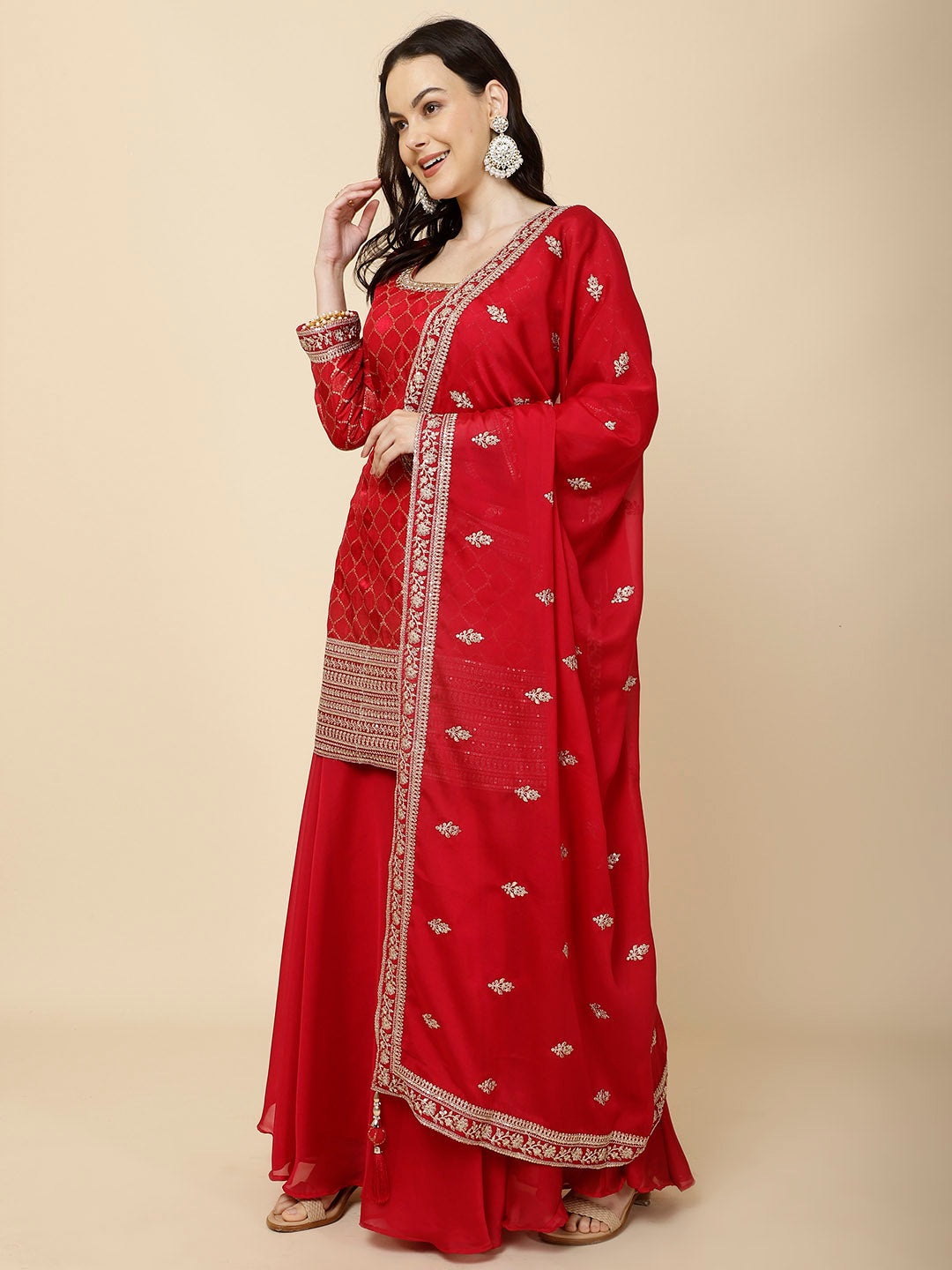Zari Jaal Embroidery Handloom Suit Set With Dupatta &amp; Palazzo
