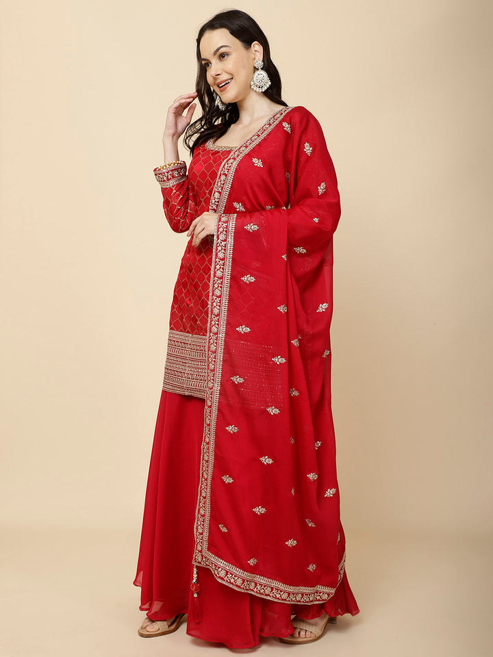 Zari Jaal Embroidery Handloom Suit Set With Dupatta &amp; Palazzo