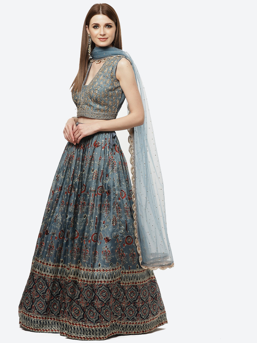 Printed Paisley Crepe Lehenga With Choli And Net Dupatta