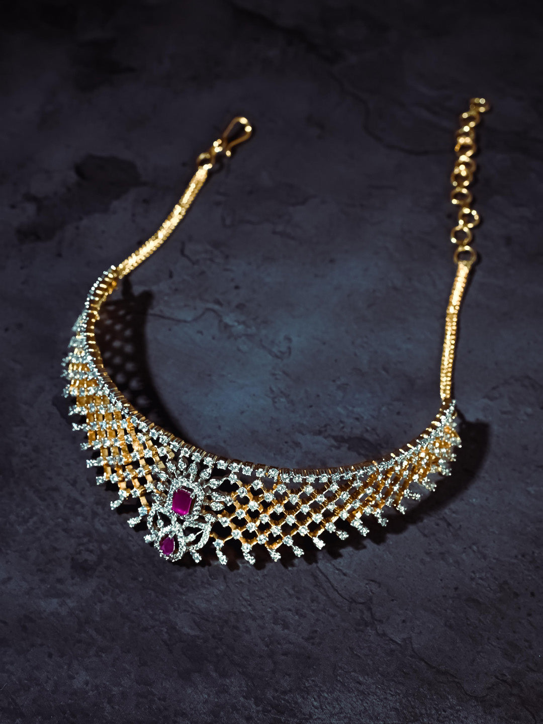 Golden &amp; Pink AD Necklace Set With Earrings