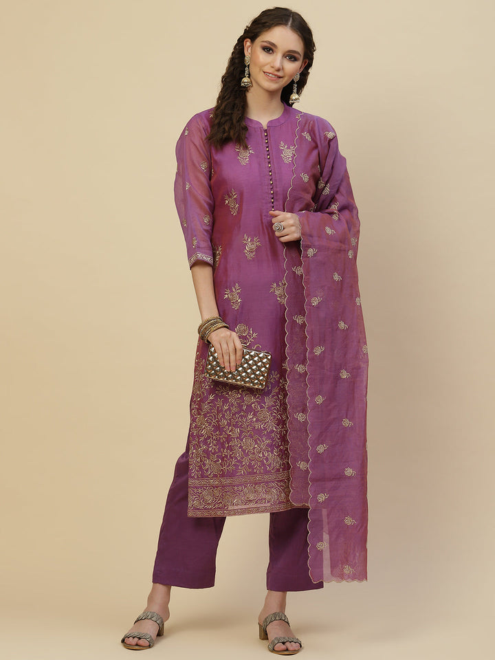 Zari Booti Cotton Kurta With Pants &amp; Dupatta