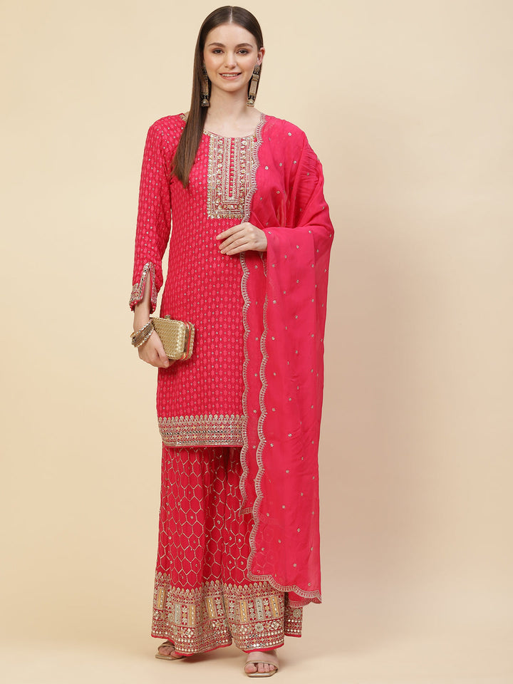 Sequin Embroidered Georgette Kurta With Sharara &amp; Dupatta